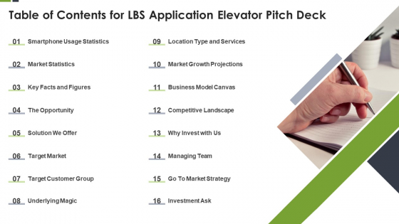 Table Of Contents For LBS Application Elevator Pitch Deck Ppt Layouts Show PDF Table Of Contents For LBS Application Elevator Pitch Deck Ppt Layouts Show PDF
