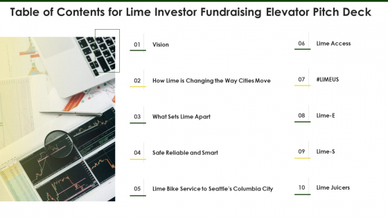 Table Of Contents For Lime Investor Fundraising Elevator Pitch Deck Ppt Slides Topics PDF