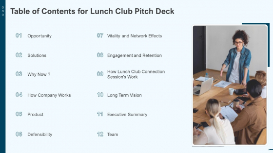 Table Of Contents For Lunch Club Pitch Deck Lunchclub Investor Capitalizing Elevator Inspiration Pdf