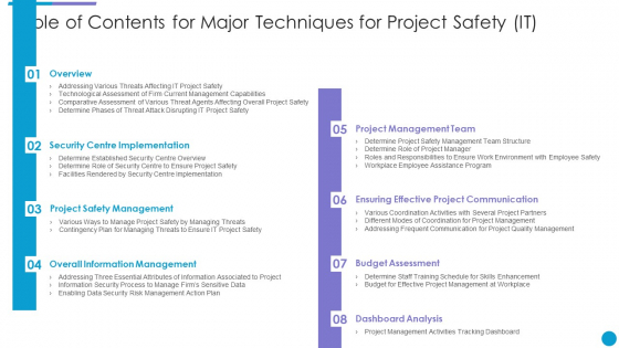 Table_Of_Contents_For_Major_Techniques_For_Project_Safety_IT_Professional_PDF_Slide_1
