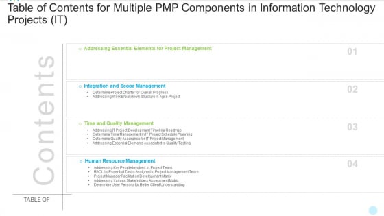 Table Of Contents For Multiple PMP Components In Information Technology Projects IT Slides PDF