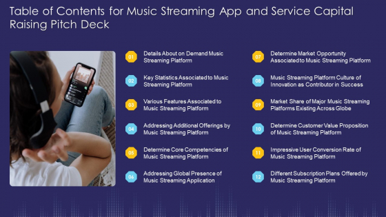 Table Of Contents For Music Streaming App And Service Capital Raising Pitch Deck Ppt Ideas Summary PDF Table Of Contents For Music Streaming App And Service Capital Raising Pitch Deck Ppt Ideas Summary PDF