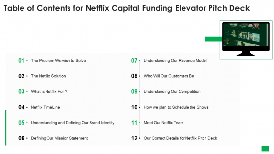 Table Of Contents For Netflix Capital Funding Elevator Pitch Deck Structure PDF Table Of Contents For Netflix Capital Funding Elevator Pitch Deck Structure PDF