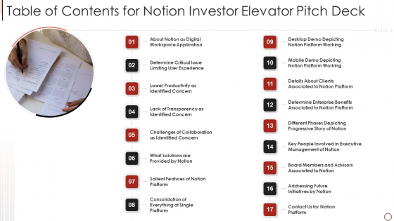 Table Of Contents For Notion Investor Elevator Pitch Deck Slides PDF Table Of Contents For Notion Investor Elevator Pitch Deck Slides PDF