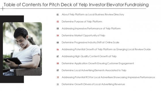 Table Of Contents For Pitch Deck Of Yelp Investor Elevator Fundraising Download PDF Table Of Contents For Pitch Deck Of Yelp Investor Elevator Fundraising Download PDF