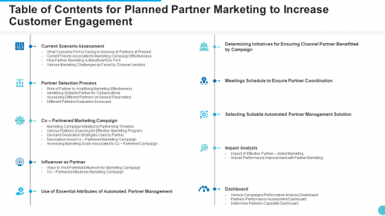 Table Of Contents For Planned Partner Marketing To Increase Customer Engagement Pictures PDF Table Of Contents For Planned Partner Marketing To Increase Customer Engagement Pictures PDF