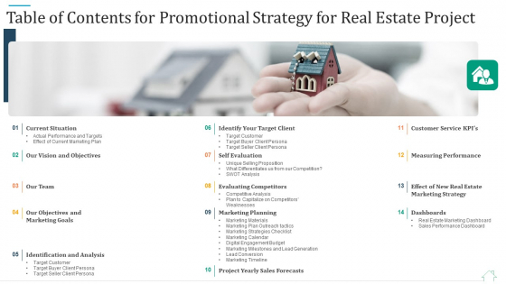 Table Of Contents For Promotional Strategy For Real Estate Project Graphics PDF Table Of Contents For Promotional Strategy For Real Estate Project Graphics PDF