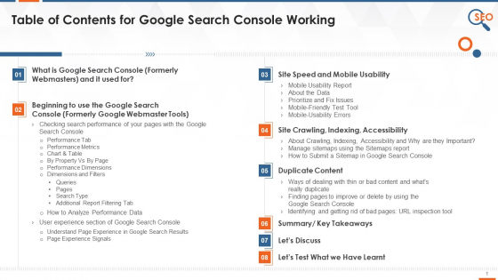 Table Of Contents For SEO Tool Google Search Console Training Ppt