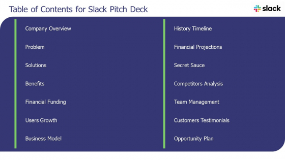 Table Of Contents For Slack Pitch Deck Ppt Summary Diagrams PDF Table Of Contents For Slack Pitch Deck Ppt Summary Diagrams PDF