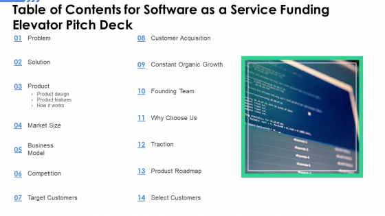 Table Of Contents For Software As A Service Funding Elevator Pitch Deck Ppt File Structure PDF Table Of Contents For Software As A Service Funding Elevator Pitch Deck Ppt File Structure PDF