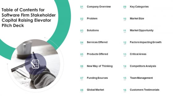 Table Of Contents For Software Firm Stakeholder Capital Raising Elevator Pitch Deck Slides PDF Table Of Contents For Software Firm Stakeholder Capital Raising Elevator Pitch Deck Slides PDF