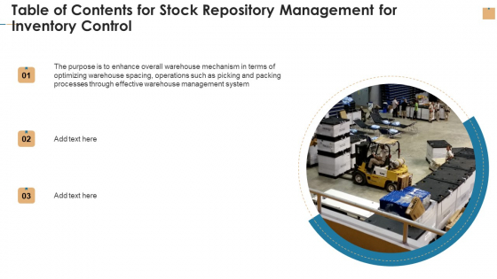 Table Of Contents For Stock Repository Management For Inventory Control Ppt Infographic Template Files PDF