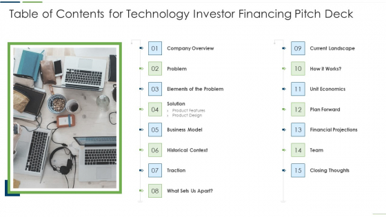Table Of Contents For Technology Investor Financing Pitch Deck Clipart PDF Table Of Contents For Technology Investor Financing Pitch Deck Clipart PDF