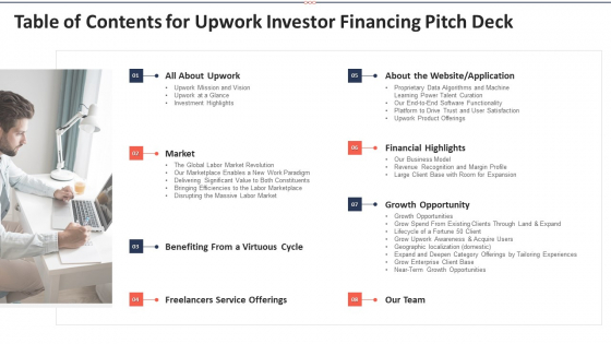 Table Of Contents For Upwork Investor Financing Pitch Deck Brochure PDF Table Of Contents For Upwork Investor Financing Pitch Deck Brochure PDF