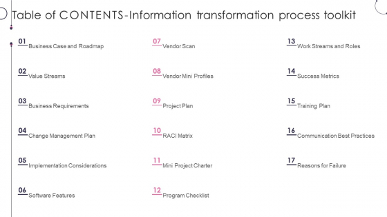 Table Of Contents Information Transformation Process Toolkit Demonstration PDF Table Of Contents Information Transformation Process Toolkit Demonstration PDF