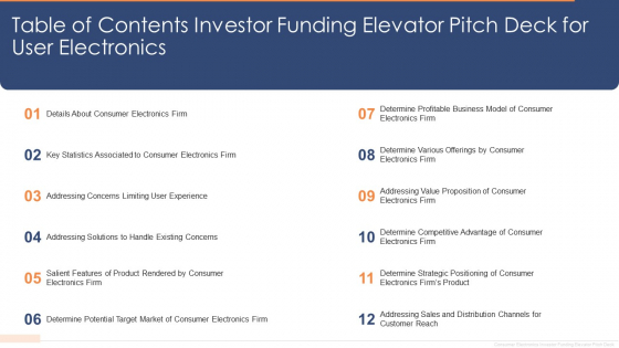 Table Of Contents Investor Funding Elevator Pitch Deck For User Electronics Guidelines PDF Table Of Contents Investor Funding Elevator Pitch Deck For User Electronics Guidelines PDF