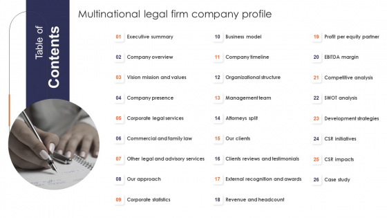 Table Of Contents Multinational Legal Firm Company Profile Elements PDF