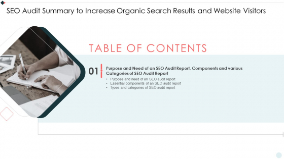 Table Of Contents SEO Audit Summary To Increase Organic Search Results And Website Visitors Mockup PDF