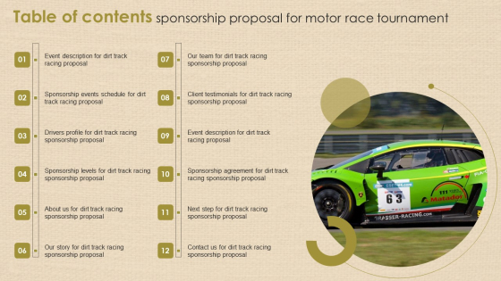 Table Of Contents Sponsorship Proposal For Motor Race Tournament Designs PDF