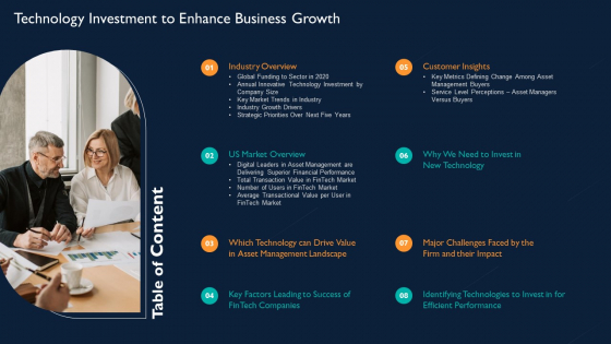 Table Of Contents Technology Investment To Enhance Business Growth Guidelines PDF Table Of Contents Technology Investment To Enhance Business Growth Guidelines PDF
