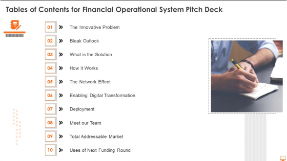Tables Of Contents For Financial Operational System Pitch Deck Ppt Slides Slideshow PDF