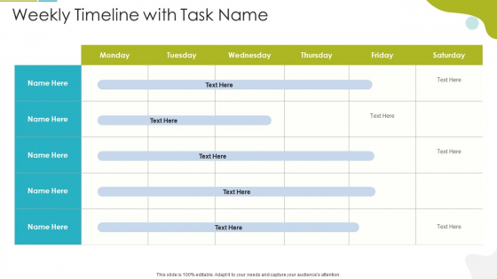 Tactical Marketing Strategy For Customer Engagement Weekly Timeline With Task Name Brochure PDF Tactical Marketing Strategy For Customer Engagement Weekly Timeline With Task Name Brochure PDF