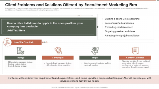 Talent Acquisition Marketing Client Problems And Solutions Offered By Recruitment Marketing Firm Brochure PDF