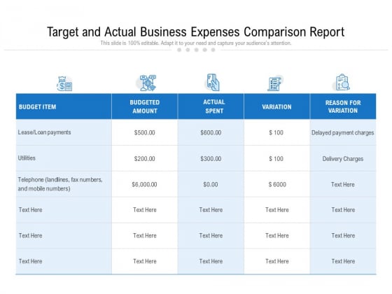 Target And Actual Business Expenses Comparison Report Ppt PowerPoint Presentation File Picture PDF