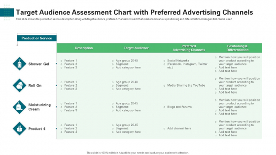 Target Audience Assessment Chart With Preferred Advertising Channels Elements PDF