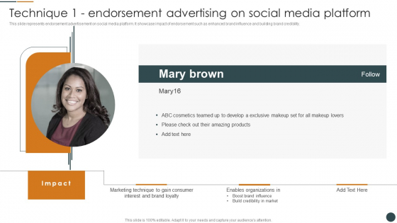 Technique 1 Endorsement Advertising On Social Media Platform Brand Promotion Techniques To Enhance Inspiration PDF Technique 1 Endorsement Advertising On Social Media Platform Brand Promotion Techniques To Enhance Inspiration PDF