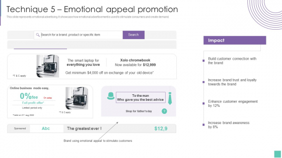 Technique 5 Emotional Appeal Promotion Introduce Promotion Plan To Enhance Sales Growth Designs PDF
