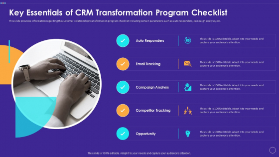 Technology Transformation Toolkit To Enhance Customer Service Key Essentials Of CRM Transformation Program Checklist Download PDF