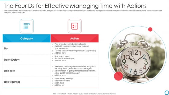 The Four Ds For Effective Managing Time With Actions Ppt PowerPoint Presentation File Guidelines PDF
