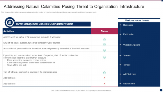 Threat Management At Workplace Addressing Natural Calamities Posing Threat To Organization Slides Pdf