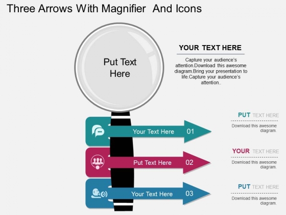 Three Arrows With Magnifier And Icons PowerPoint Template Three Arrows With Magnifier And Icons PowerPoint Template
