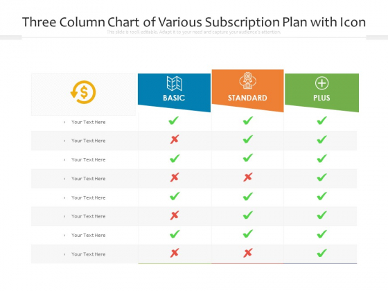 Three Column Chart Of Various Subscription Plan With Icon Ppt PowerPoint Presentation Portfolio Display PDF