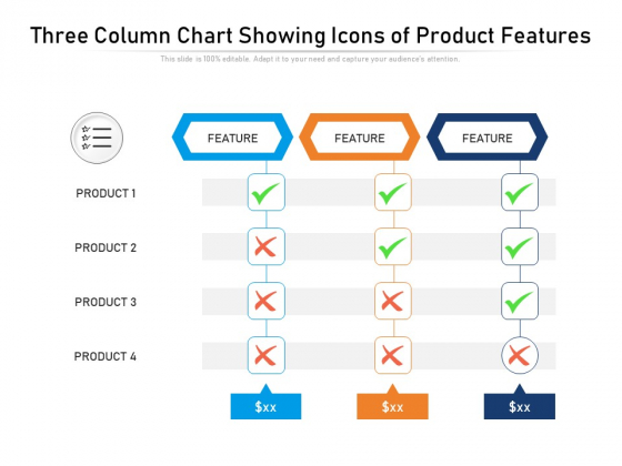 Three Column Chart Showing Icons Of Product Features Ppt PowerPoint Presentation Infographics Show PDF