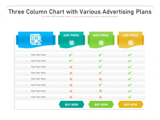 Three Column Chart With Various Advertising Plans Ppt PowerPoint Presentation Show PDF
