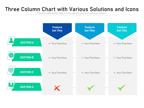 Three Column Chart With Various Solutions And Icons Ppt PowerPoint Presentation Infographic Template Graphics Design PDF