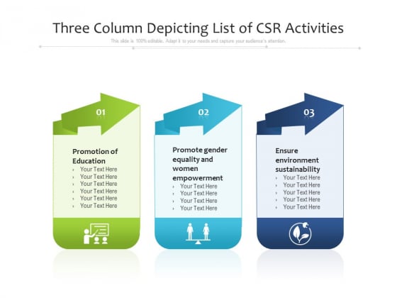 Three Column Depicting List Of CSR Activities Ppt PowerPoint Presentation Gallery Rules PDF