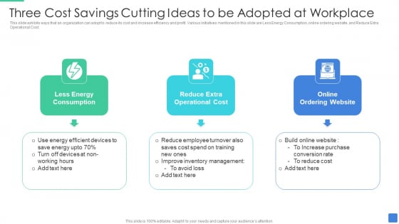 Three Cost Savings Cutting Ideas To Be Adopted At Workplace Brochure PDF Three Cost Savings Cutting Ideas To Be Adopted At Workplace Brochure PDF