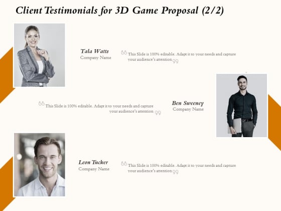 Three Dimensional Games Proposal Client Testimonials For 3D Game Proposal Information PDF