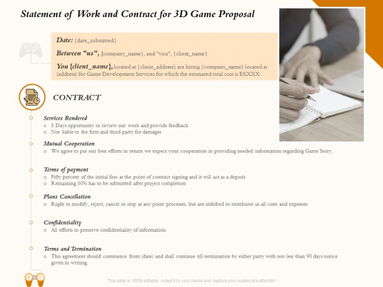 Three Dimensional Games Proposal Statement Of Work And Contract For 3D Game Proposal Formats PDF
