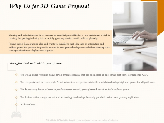 Three Dimensional Games Proposal Why Us For 3D Game Proposal Ppt Ideas Vector PDF Three Dimensional Games Proposal Why Us For 3D Game Proposal Ppt Ideas Vector PDF