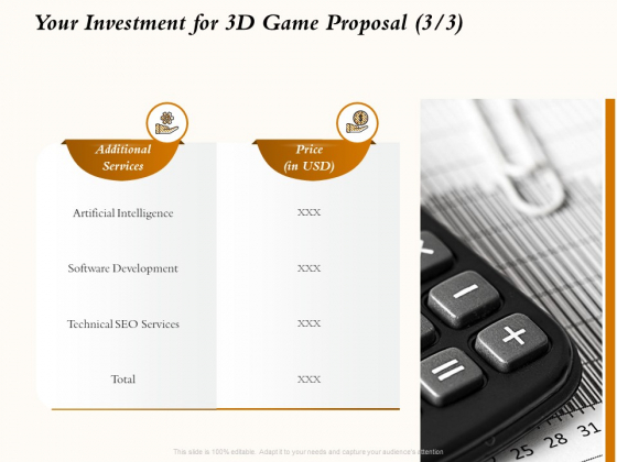 Three Dimensional Games Proposal Your Investment For 3D Game Proposal Ppt Professional Background Designs PDF Three Dimensional Games Proposal Your Investment For 3D Game Proposal Ppt Professional Background Designs PDF