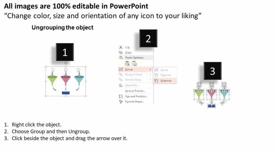 Three Funnels With Arrows For Sorting Data Powerpoint Template downloadable informative