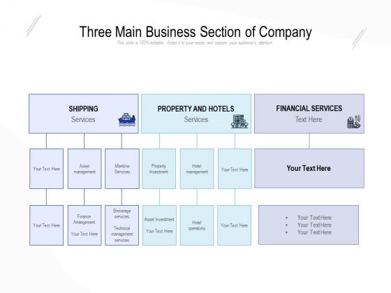 Three Main Business Section Of Company Ppt PowerPoint Presentation File Example File PDF