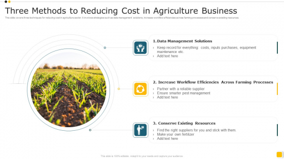 Three Methods To Reducing Cost In Agriculture Business Slides PDF Three Methods To Reducing Cost In Agriculture Business Slides PDF