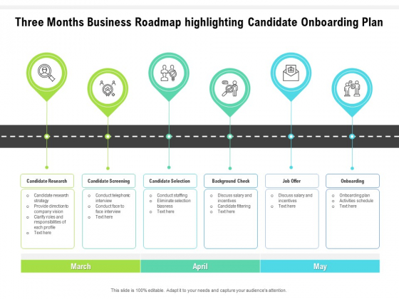 Three Months Business Roadmap Highlighting Candidate Onboarding Plan Formats