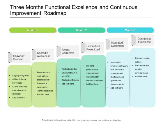 Three Months Functional Excellence And Continuous Improvement Roadmap Icons